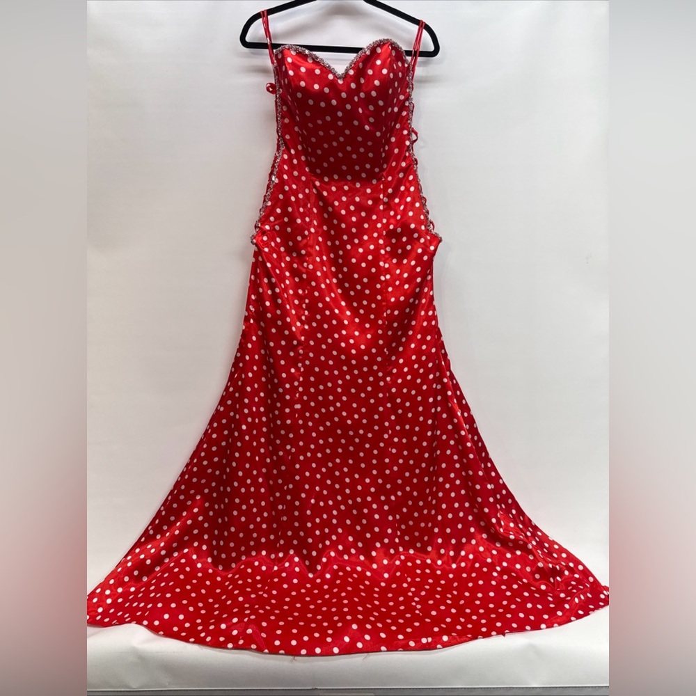 Mori Lee Formal Gown Maxi Dress Sz 13/14 Red White Polka Dot Beaded Sides LaceUp